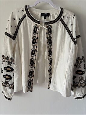 RD Style Cream Embroidered Boho Tie-Front Blouse with Black and Tan Detail M